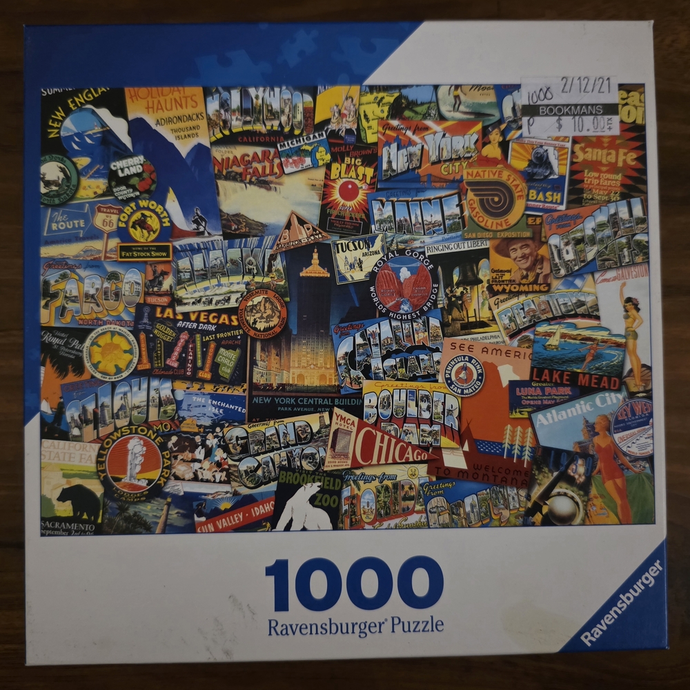 Ravensburger Vintage Travel Collage Puzzle — Blue, Red, Yellow Accents